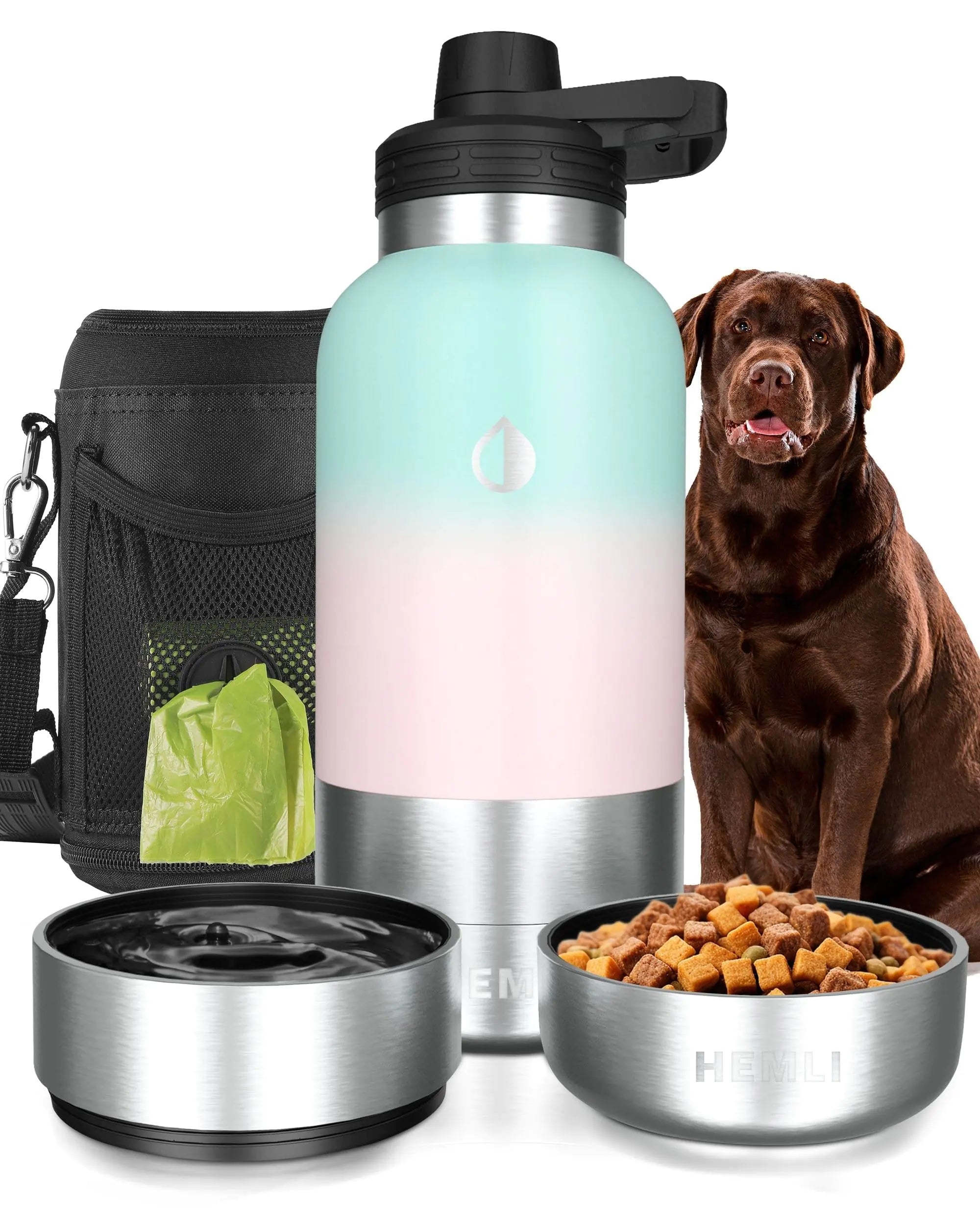 Portable dog water bottle with detachable stainless steel bowls, carrying case, and dog waste bag compartment next to a brown dog
