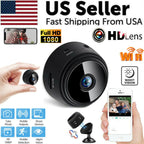 Mini wireless hidden camera with HD 1080P, night vision, WiFi, and mobile app control for home security.