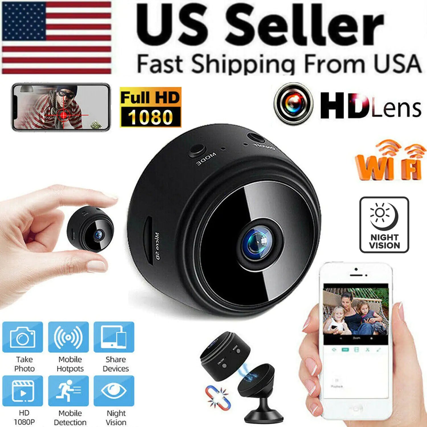 Mini wireless hidden camera with HD 1080P, night vision, WiFi, and mobile app control for home security.