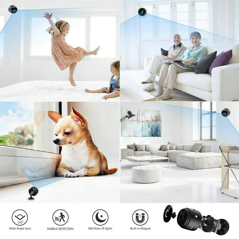 Mini wireless hidden camera with wide angle lens, motion detection, night vision, and built-in magnet for home security.