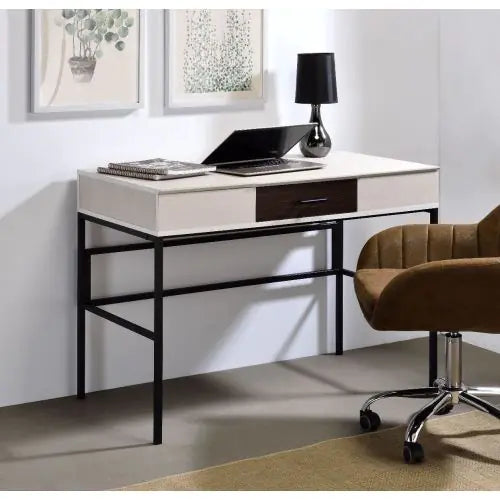 ACME Verster writing desk with built-in USB port, natural wood top and black metal frame