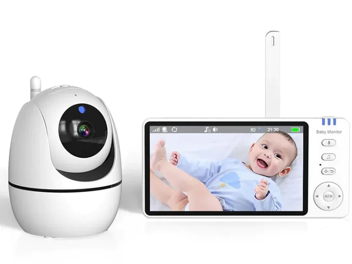 Smart wireless video baby monitor with HD camera and portable display showing a smiling baby