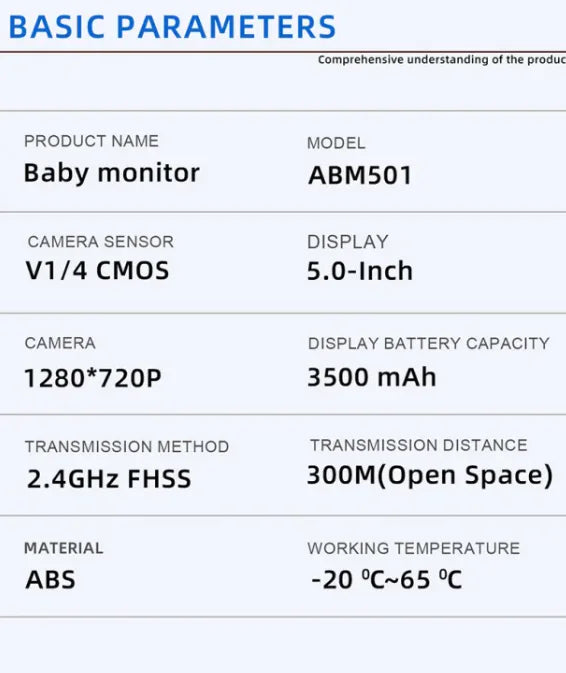 Smart Wireless Video Baby Monitor with 5-inch HD display, night vision, two-way audio, motion detection, temperature monitoring, and 3500mAh battery.