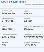 Smart Wireless Video Baby Monitor with 5-inch HD display, night vision, two-way audio, motion detection, temperature monitoring, and 3500mAh battery.