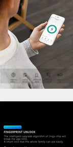 Person using smartphone app to control Smart Bluetooth Fingerprint Lock with fingerprint unlock feature and remote access options