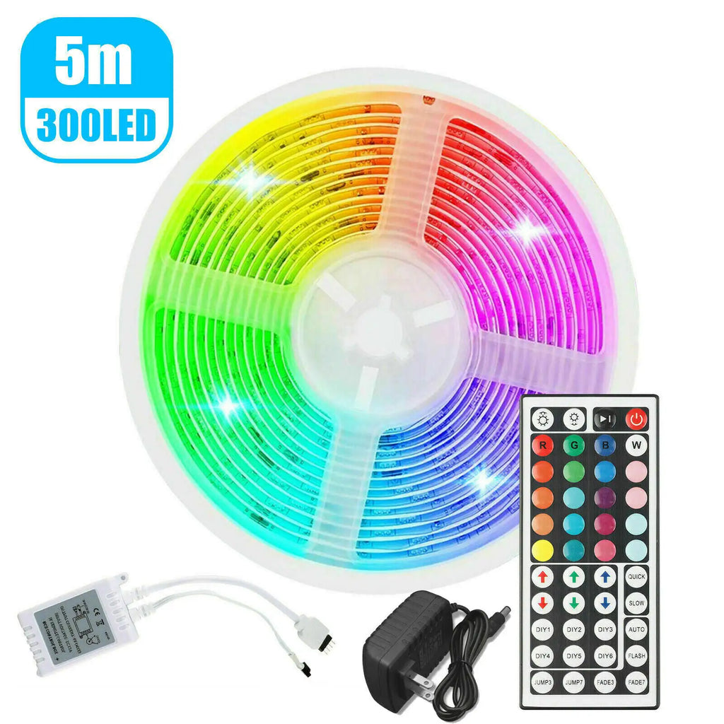 Waterproof flexible LED strip light kit with 5m 300 LEDs, color-changing remote control, and power adapter for indoor and outdoor use