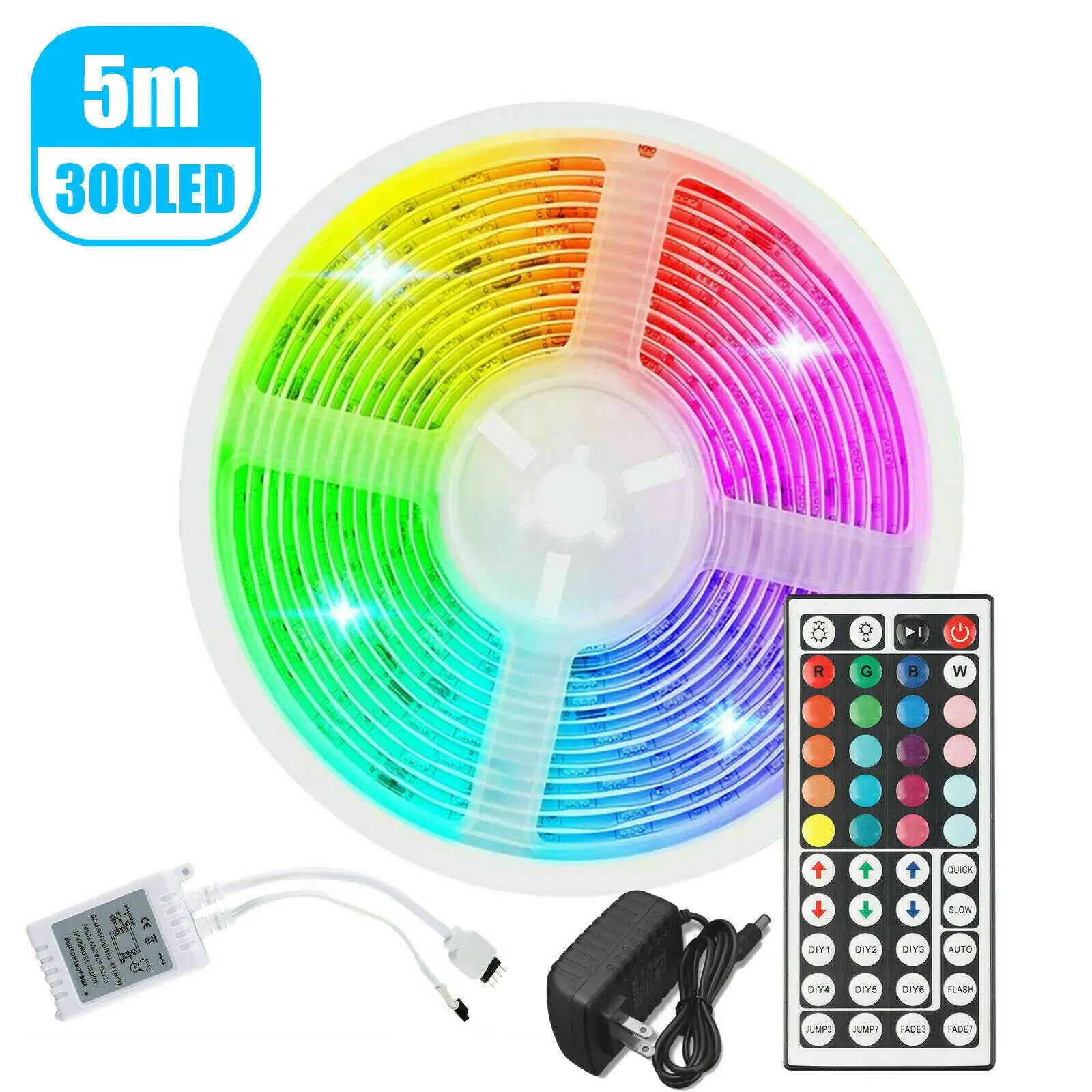 Waterproof flexible LED strip light kit with 5m 300 LEDs, color-changing remote control, and power adapter for indoor and outdoor use