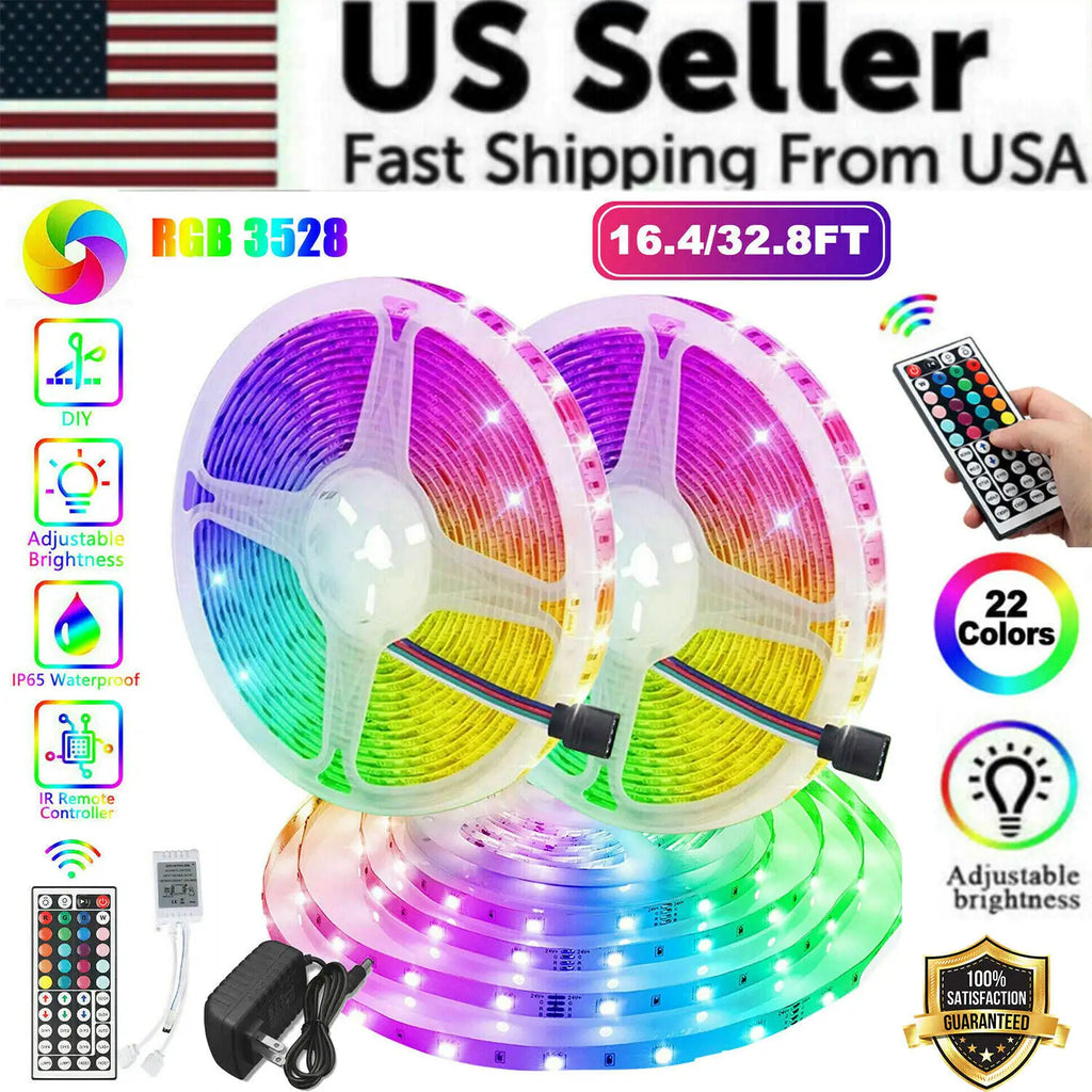 Waterproof flexible LED strip lights with 44-key remote, 16.4/32.8ft RGB color options, adjustable brightness, and indoor/outdoor use