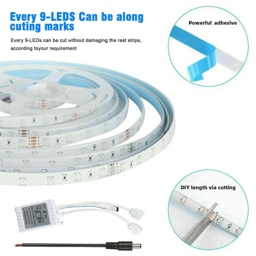 Waterproof flexible LED strip light roll with cutting marks, remote control, and adhesive backing for indoor and outdoor use