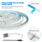 Waterproof flexible LED strip light roll with cutting marks, remote control, and adhesive backing for indoor and outdoor use