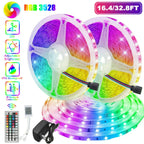 Waterproof flexible RGB LED strip lights with remote control, adjustable brightness, and IP65 rating, 16.4 to 32.8 feet long for indoor and outdoor use