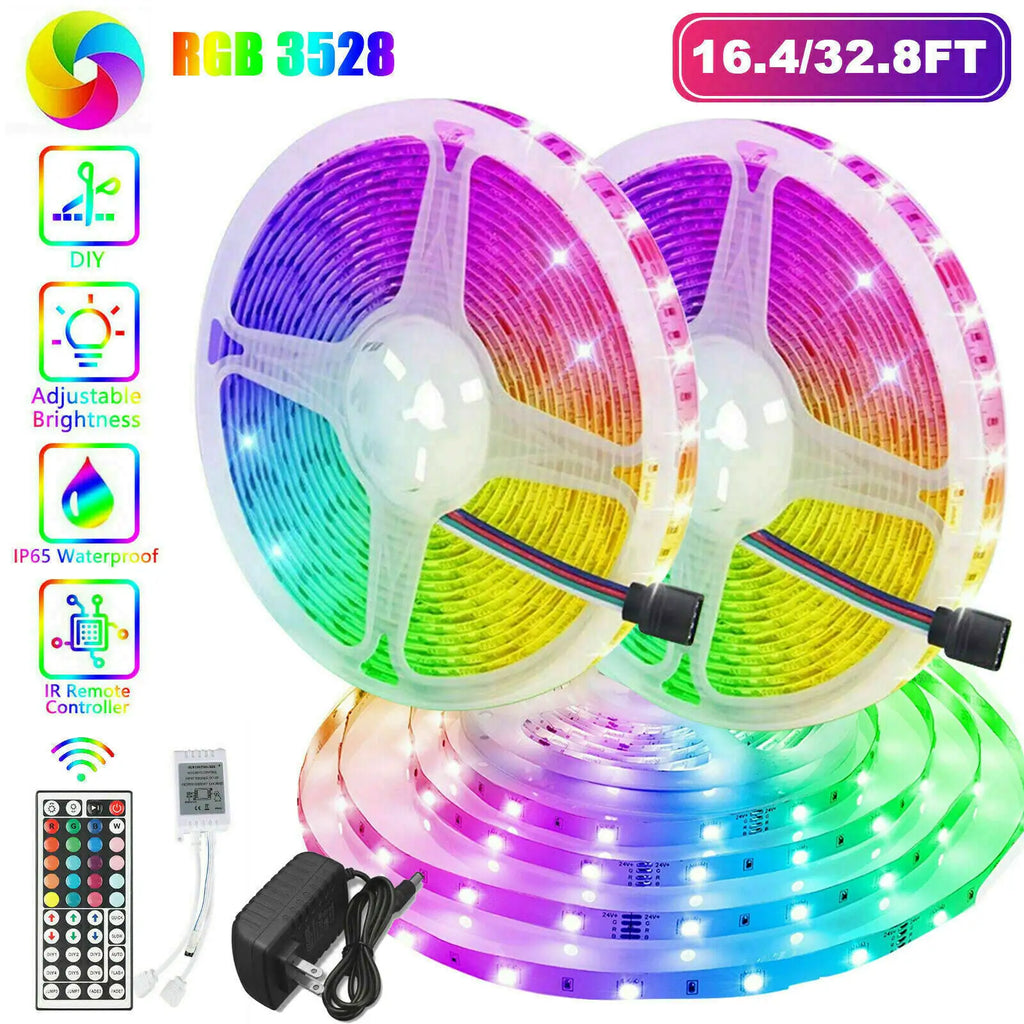Waterproof flexible RGB LED strip lights with remote control, adjustable brightness, and 16.4/32.8ft length for indoor and outdoor use