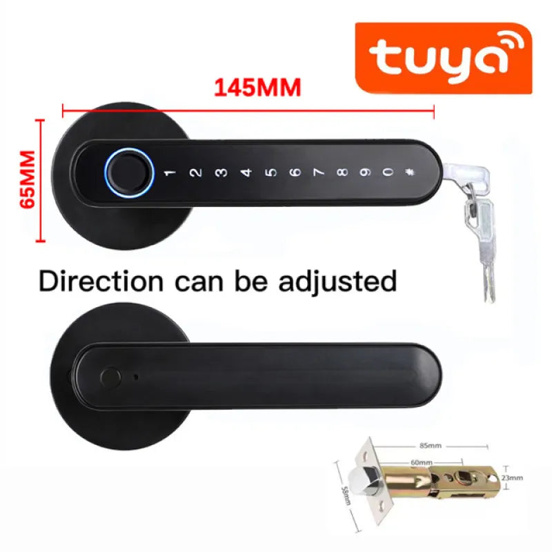 Smart Bluetooth Fingerprint Lock with adjustable handle, digital keypad, and Tuya app compatibility for secure keyless access