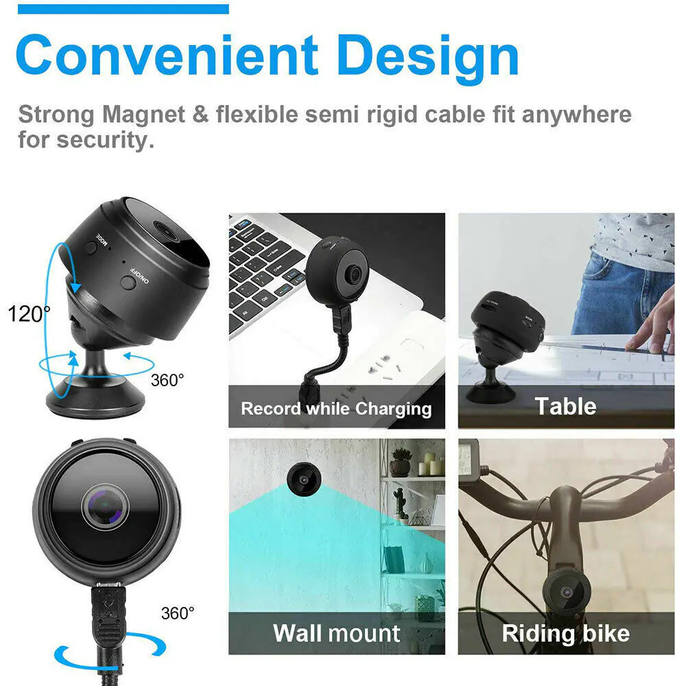 Mini wireless hidden camera with strong magnet, flexible cable, 1080P HD, night vision, and multiple mounting options for home security.