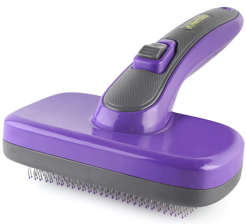 Purple Hertzko Self Cleaning Slicker Brush for pet grooming with retractable bristles and ergonomic handle
