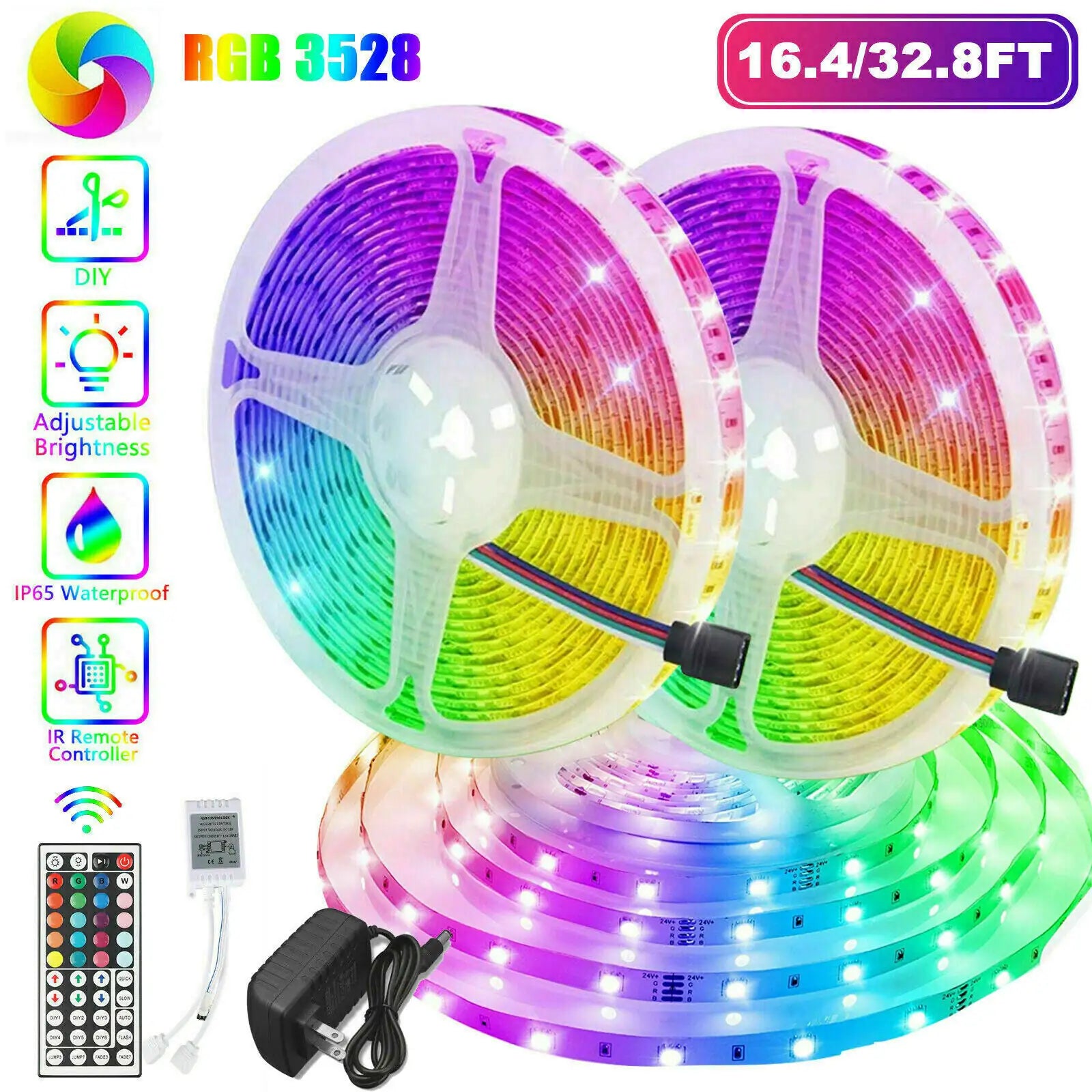 Waterproof flexible LED strip lights with remote control, 16.4/32.8FT RGB color changing, adjustable brightness, and IP65 waterproof for indoor and outdoor use