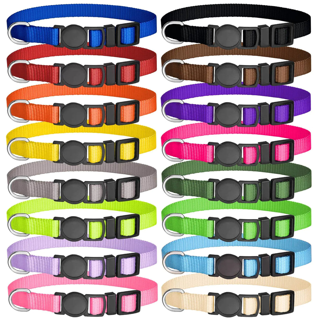 Set of 16 adjustable nylon puppy collars with safety breakaway buckles in multiple bright colors for small puppies