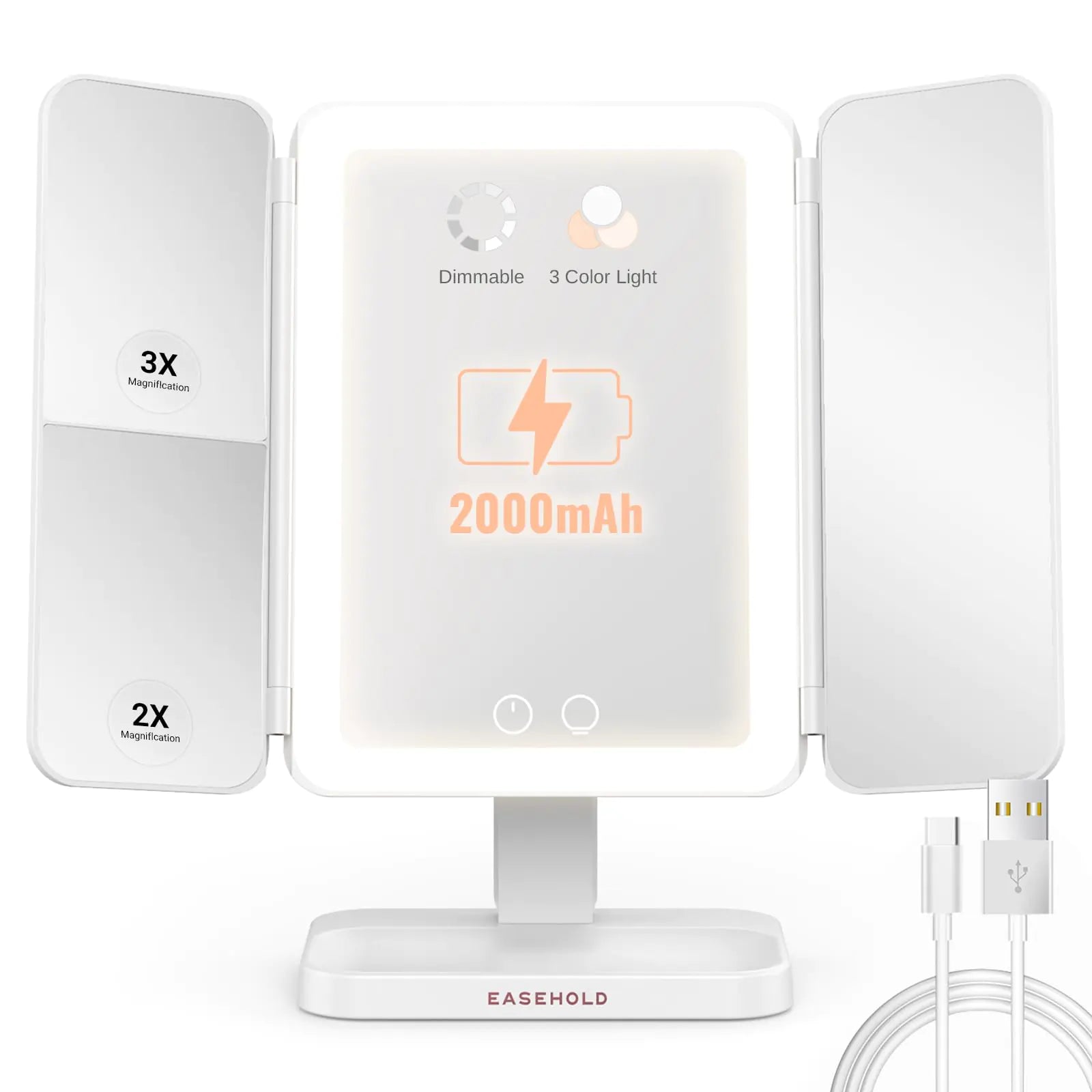 EASEHOLD rechargeable lighted makeup mirror with 2X and 3X magnification, trifold design, touch control, and 3 color dimmable LED lights